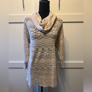 Style & Co Tunic Cowl Neck Crocheted  Sweater, Natural, Size L